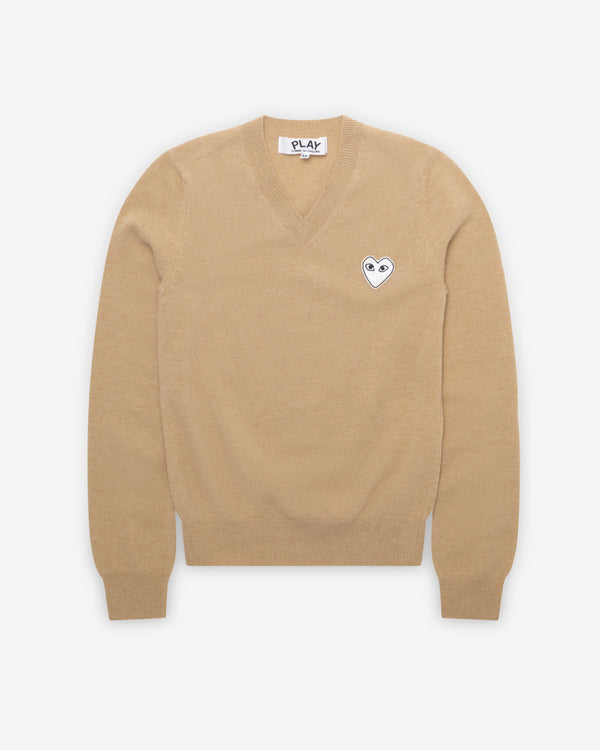 Play - White Heart V-Neck Sweater - (Camel)