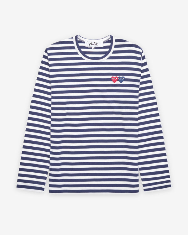 Play Comme des Garçons - Striped T-Shirt with Double Heart - (Navy/White)