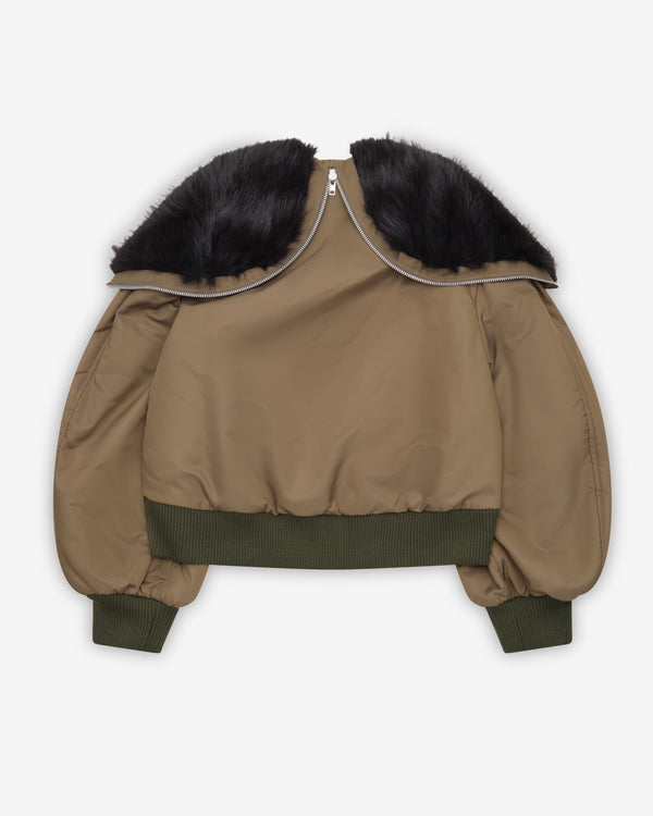 Simone Rocha - Women's Cropped Split Faux Fur Hood Bomber Jacket - (Khaki/Black)